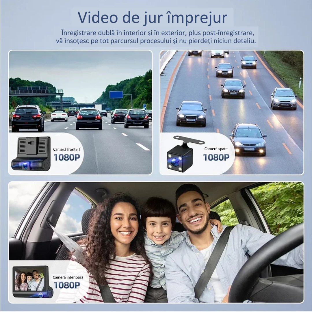 Cameră Video FULL HD Auto Triplă Fata/Spate/Interior | DriveCam