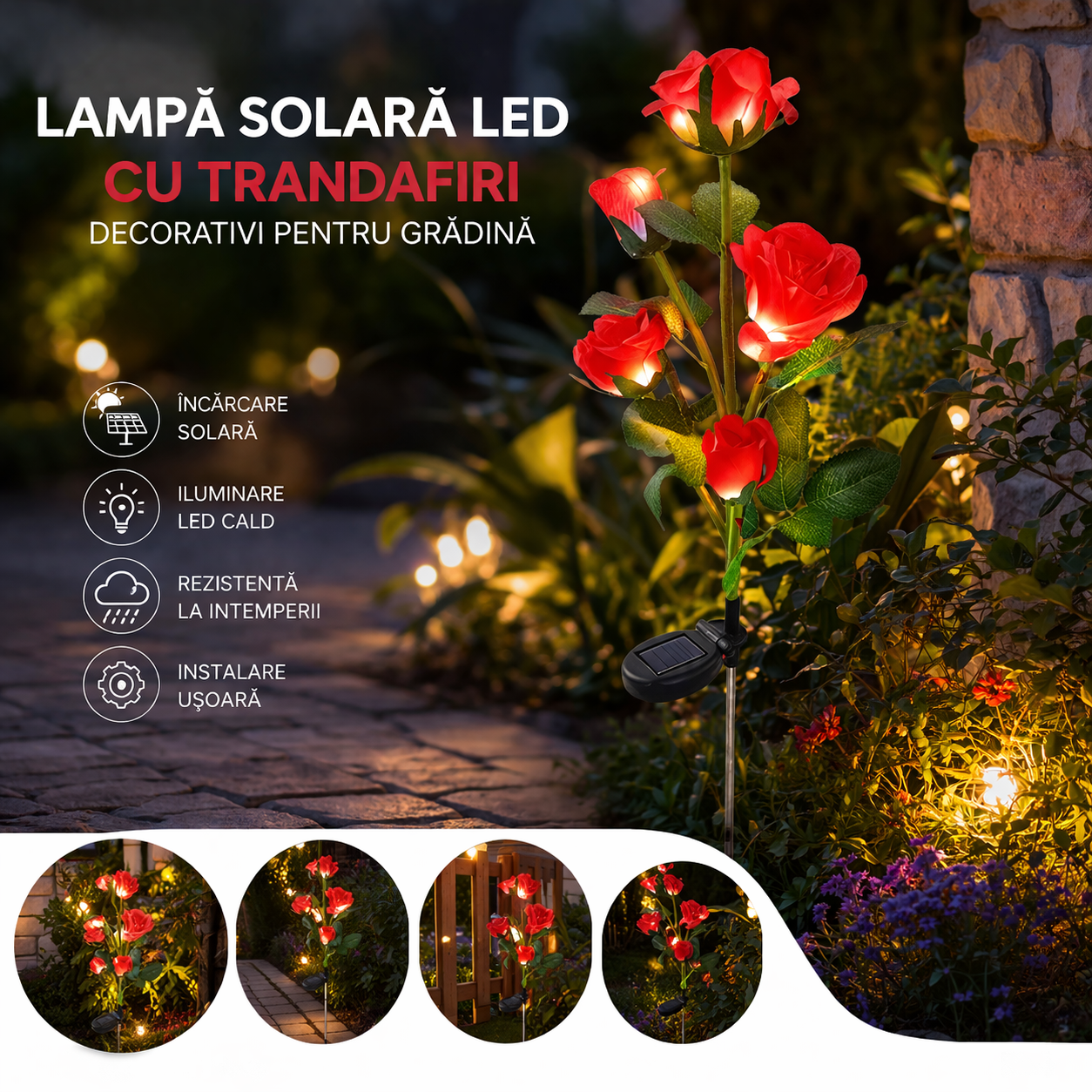 Lampă Solară LED cu Trandafiri Roșii Decorativi pentru Grădină