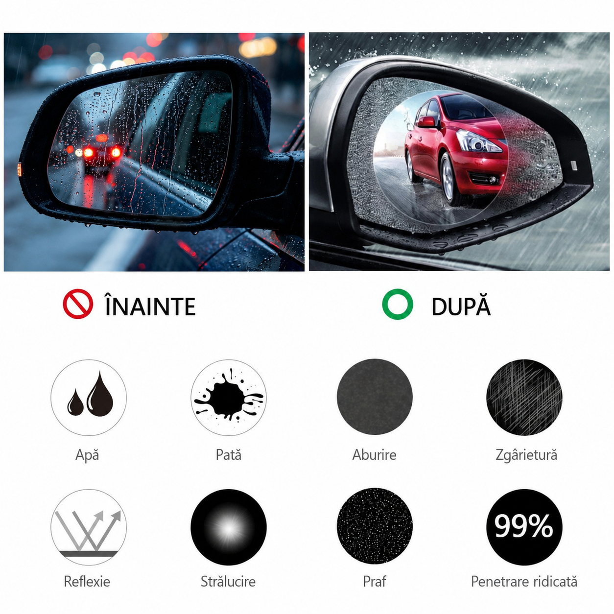 Set 2 Folii Anti-Aburire și Ploaie pentru Oglinzi Auto | ClearView
