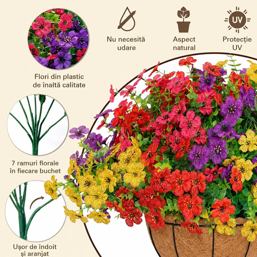 Ghiveci Suspendat cu Set 12 buchete de flori artificiale | EverBloom