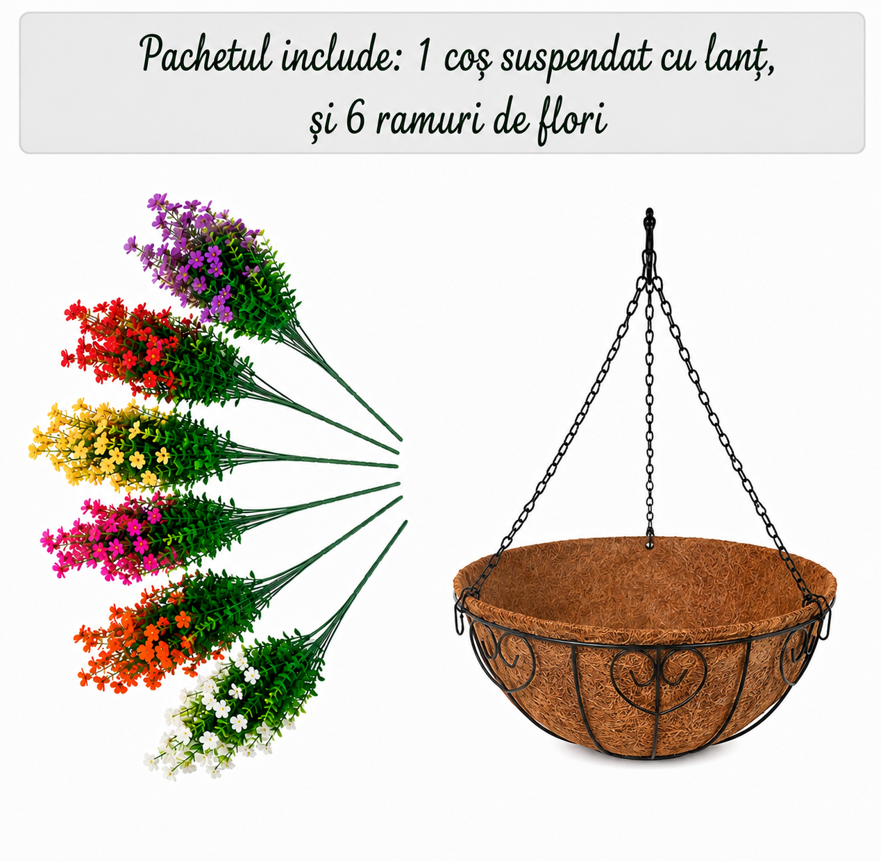 Ghiveci Suspendat cu Set 6 buchete de flori artificiale | EverBloom