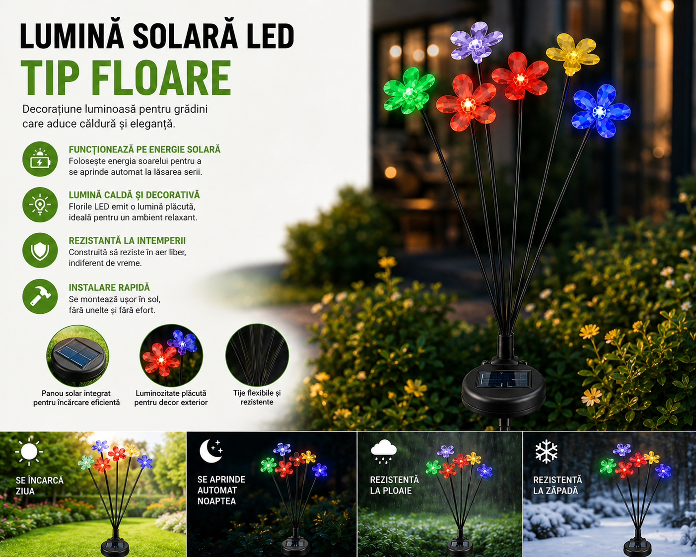 Lampă Solară Decorativă cu Flori Multicolore 73 cm | LumiBloom
