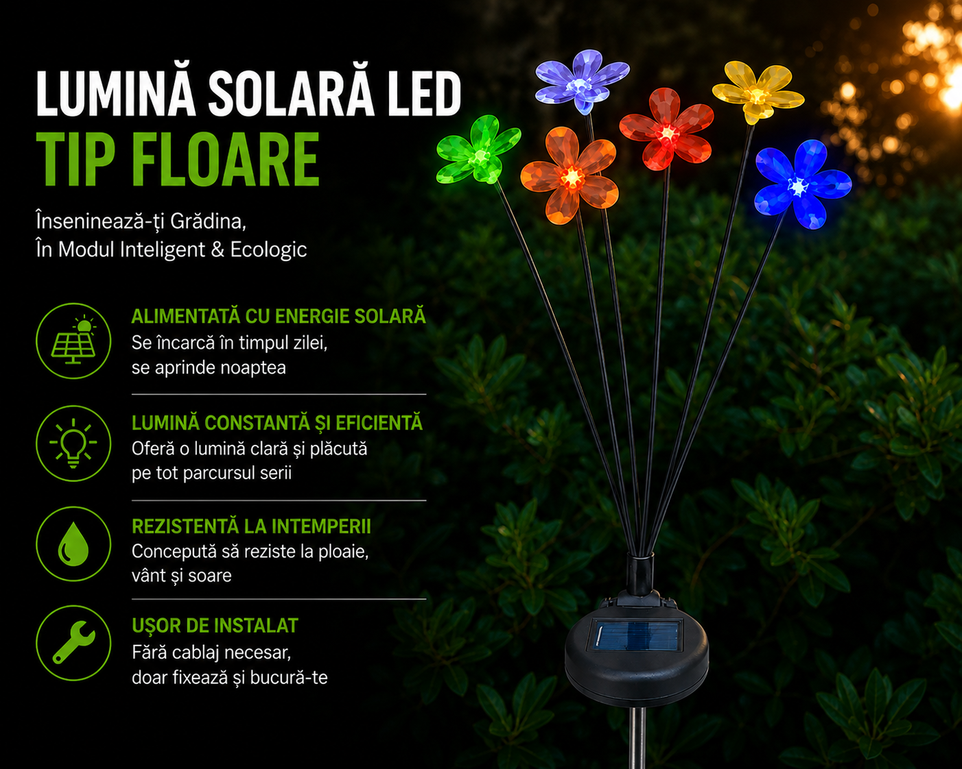 Lampă Solară Decorativă cu Flori Multicolore 73 cm | LumiBloom