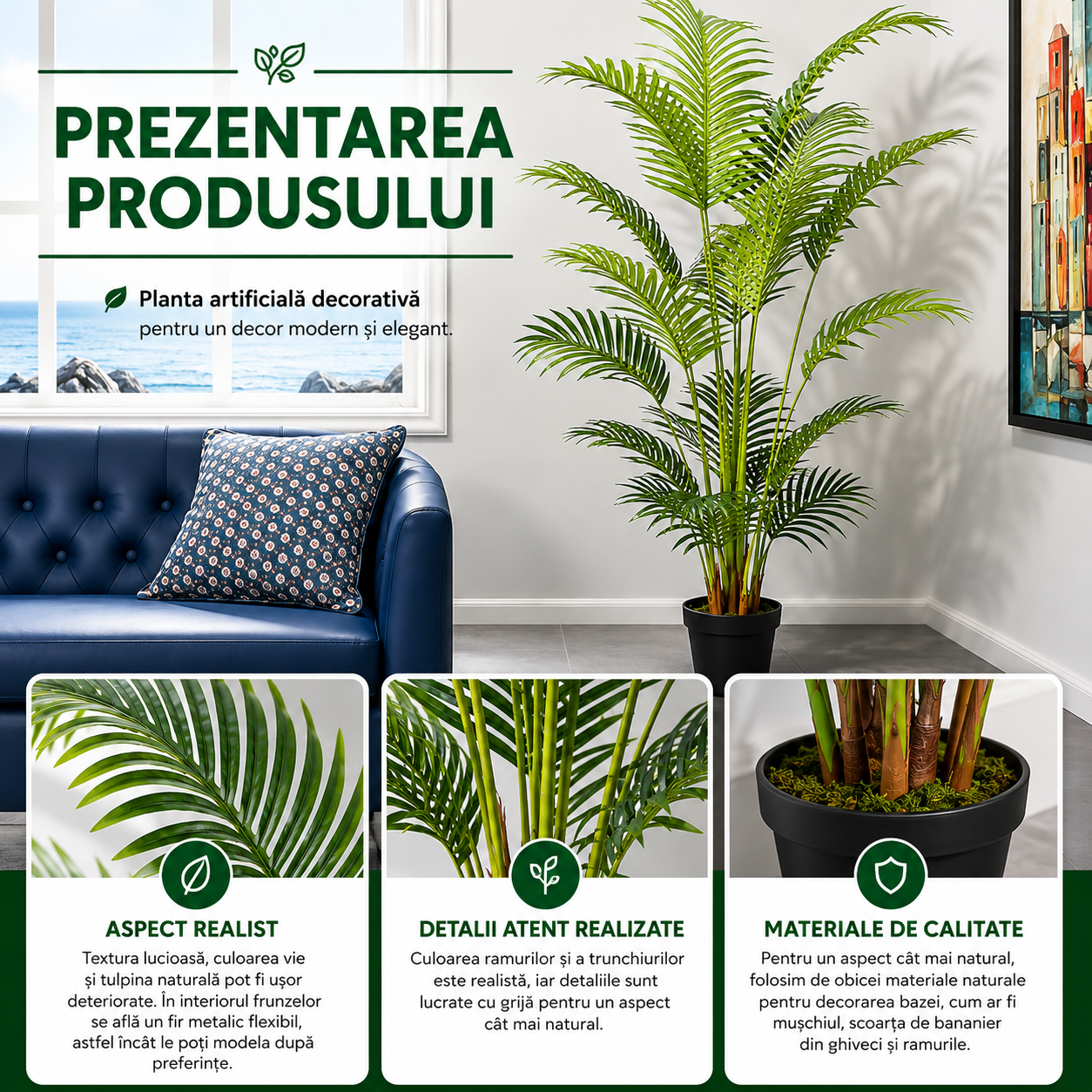 Palmier Artificial Premium în Ghiveci | Înălțime 1.80 m – Decor Tropical Realist pentru Interior
