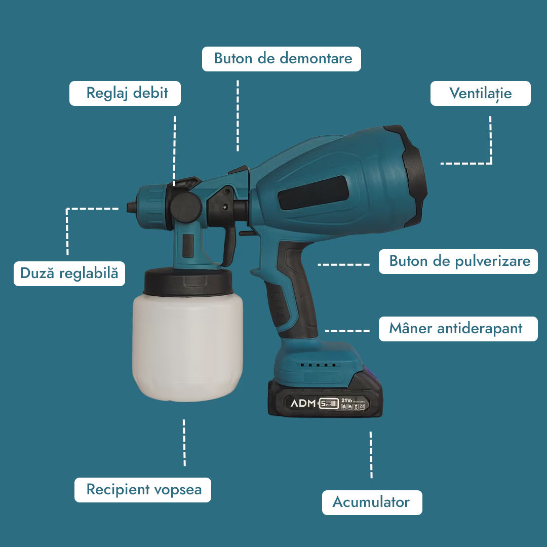 Pistol de Vopsit Profesional, Cu Acumulator, Pulverizare Reglabilă