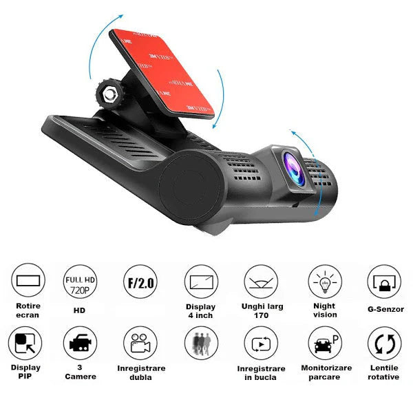 Cameră Video FULL HD Auto Triplă Fata/Spate/Interior | DriveCam